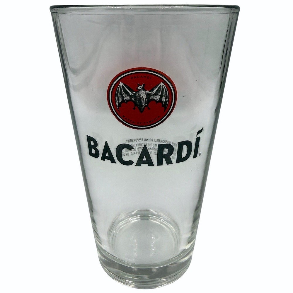 Bacardi Rum Pint Glass Red Bat Logo Clear Barware Mixing Glass Cup 16oz 2018